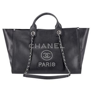 Chanel Deauville Studded Caviar Leather Logo Large Tote Bag